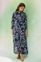 Black Floral Ikat Collared Shirt Dress