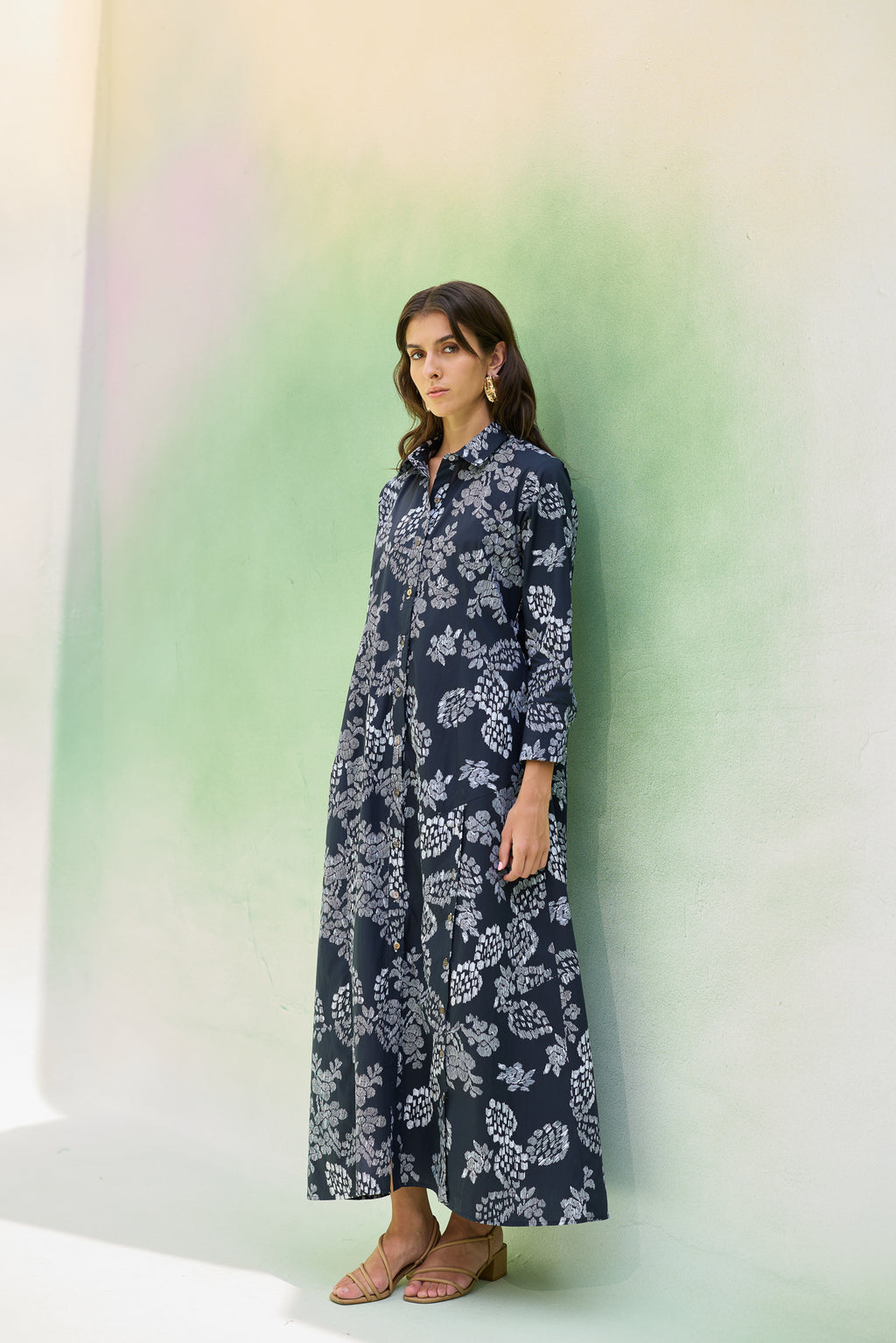 Black Floral Ikat Collared Shirt Dress