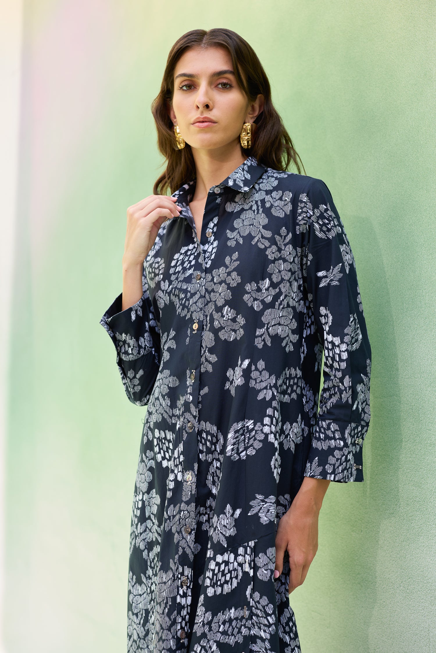 Black Floral Ikat Collared Shirt Dress