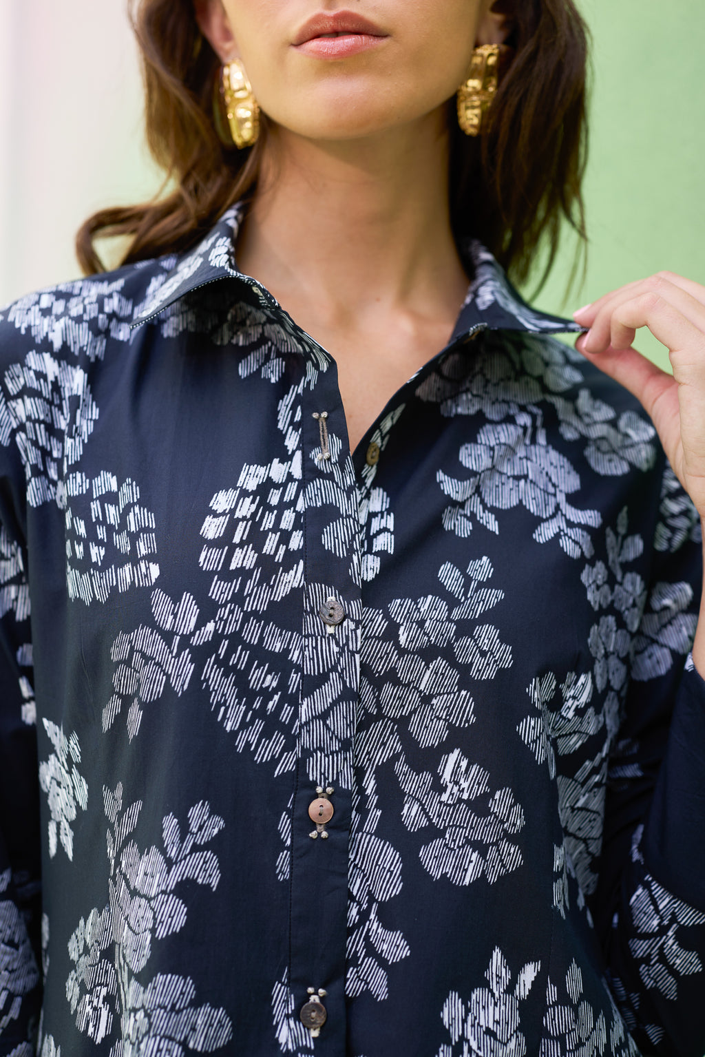 Black Floral Ikat Collared Shirt Dress