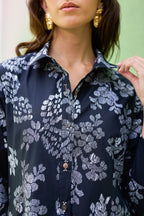 Black Floral Ikat Collared Shirt Dress