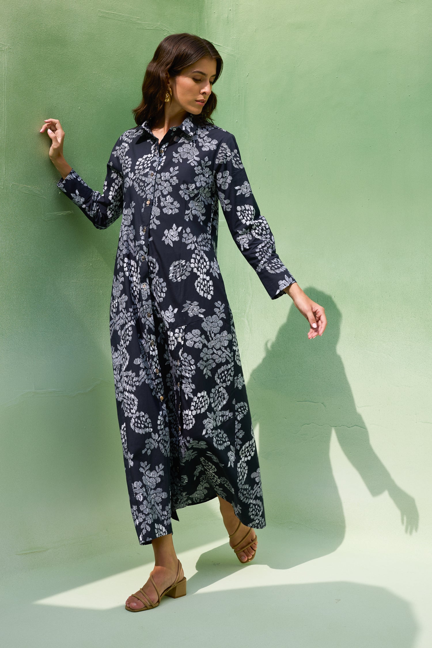 Black Floral Ikat Collared Shirt Dress