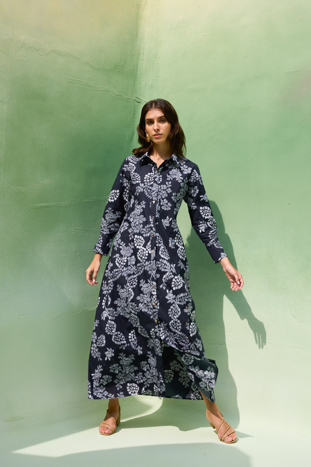 Black Floral Ikat Collared Shirt Dress