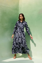 Black Floral Ikat Collared Shirt Dress