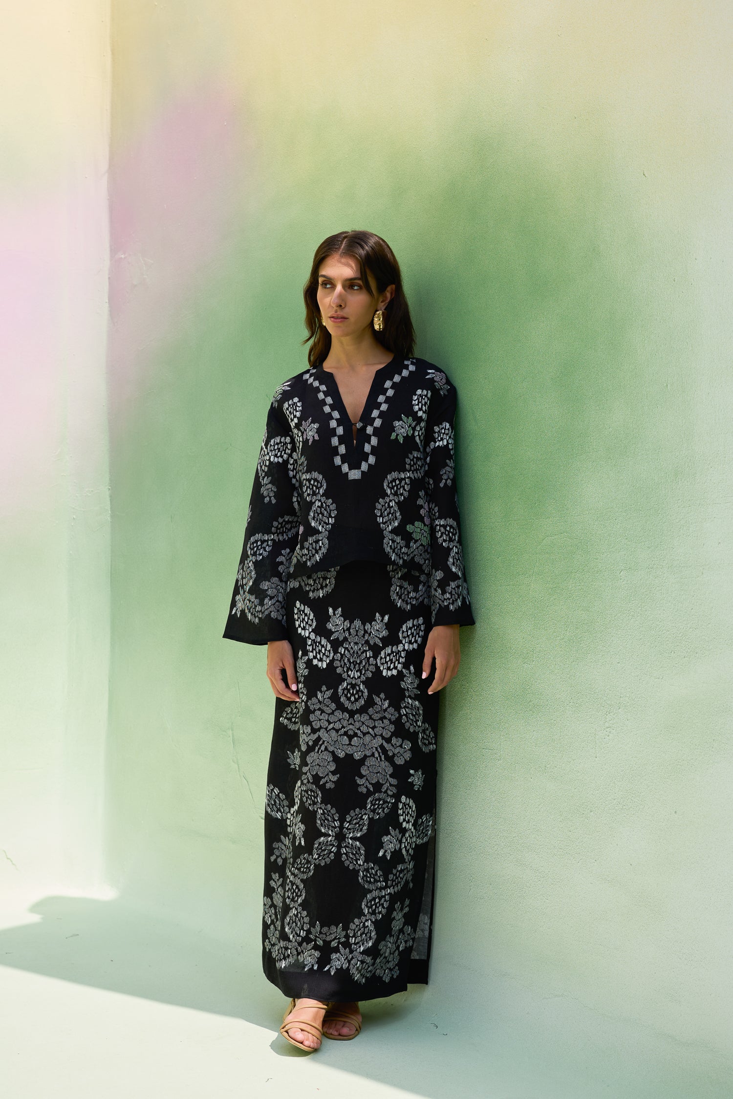 Black Ikat Floral Top and Skirt Set