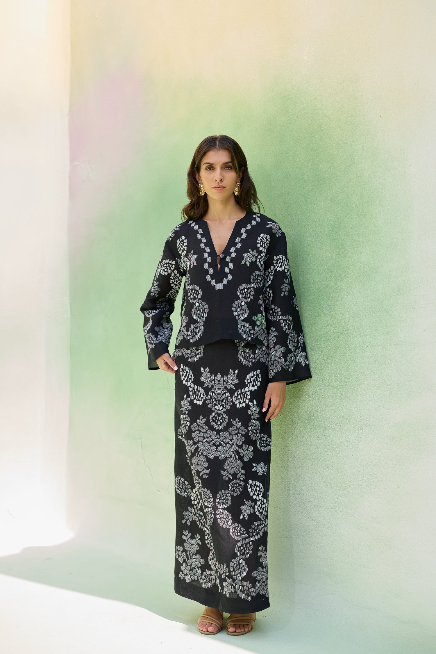 Black Ikat Floral Top and Skirt Set