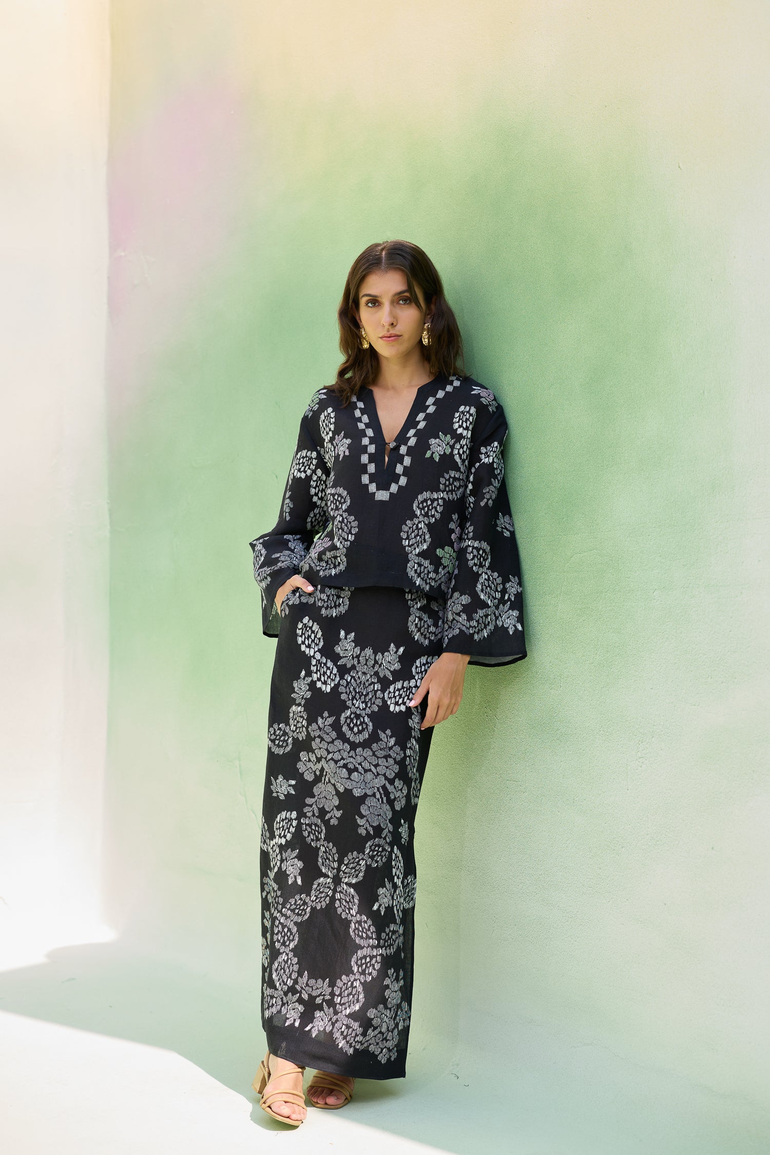 Black Ikat Floral Top and Skirt Set