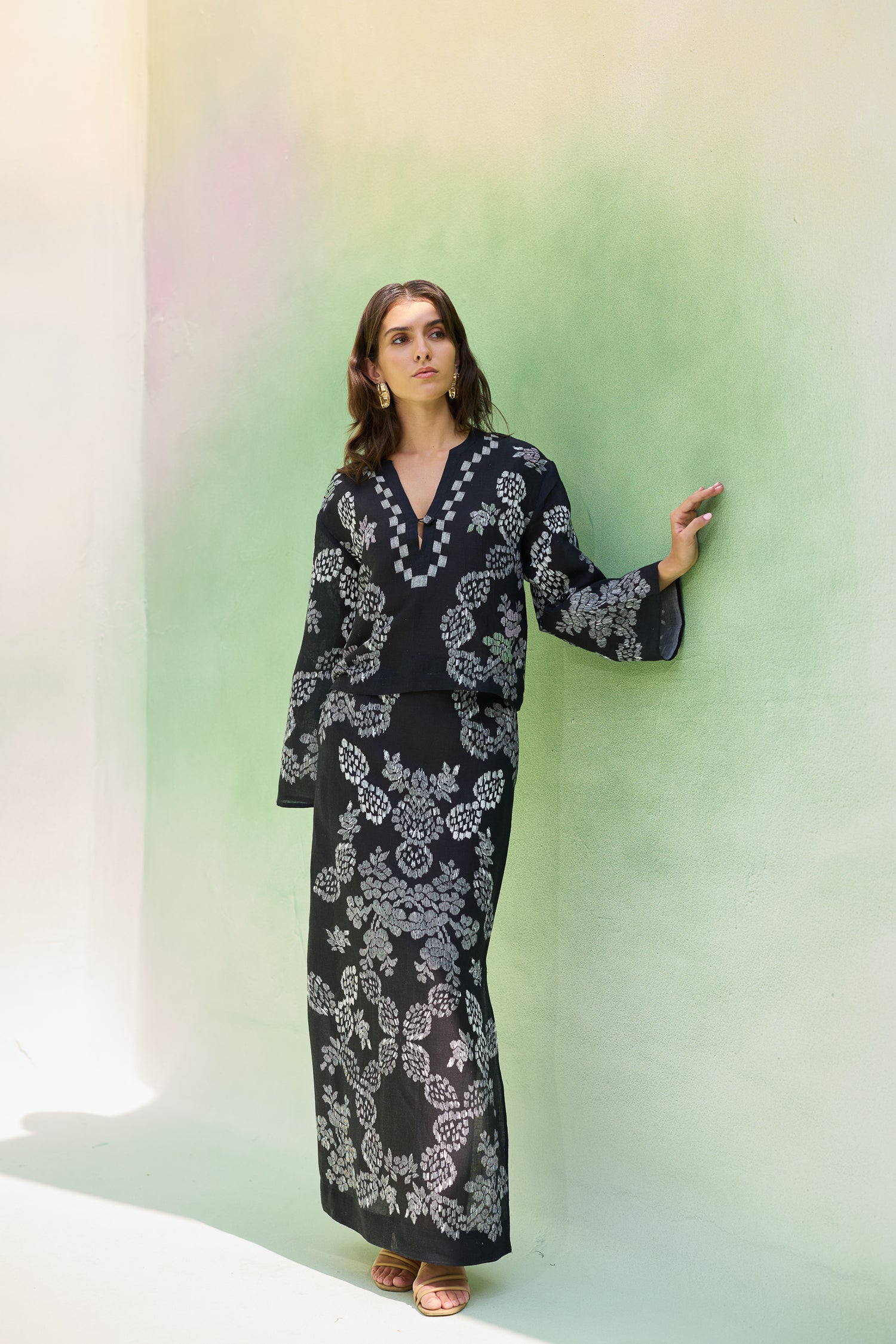 Black Floral Ikat Top and Skirt Set