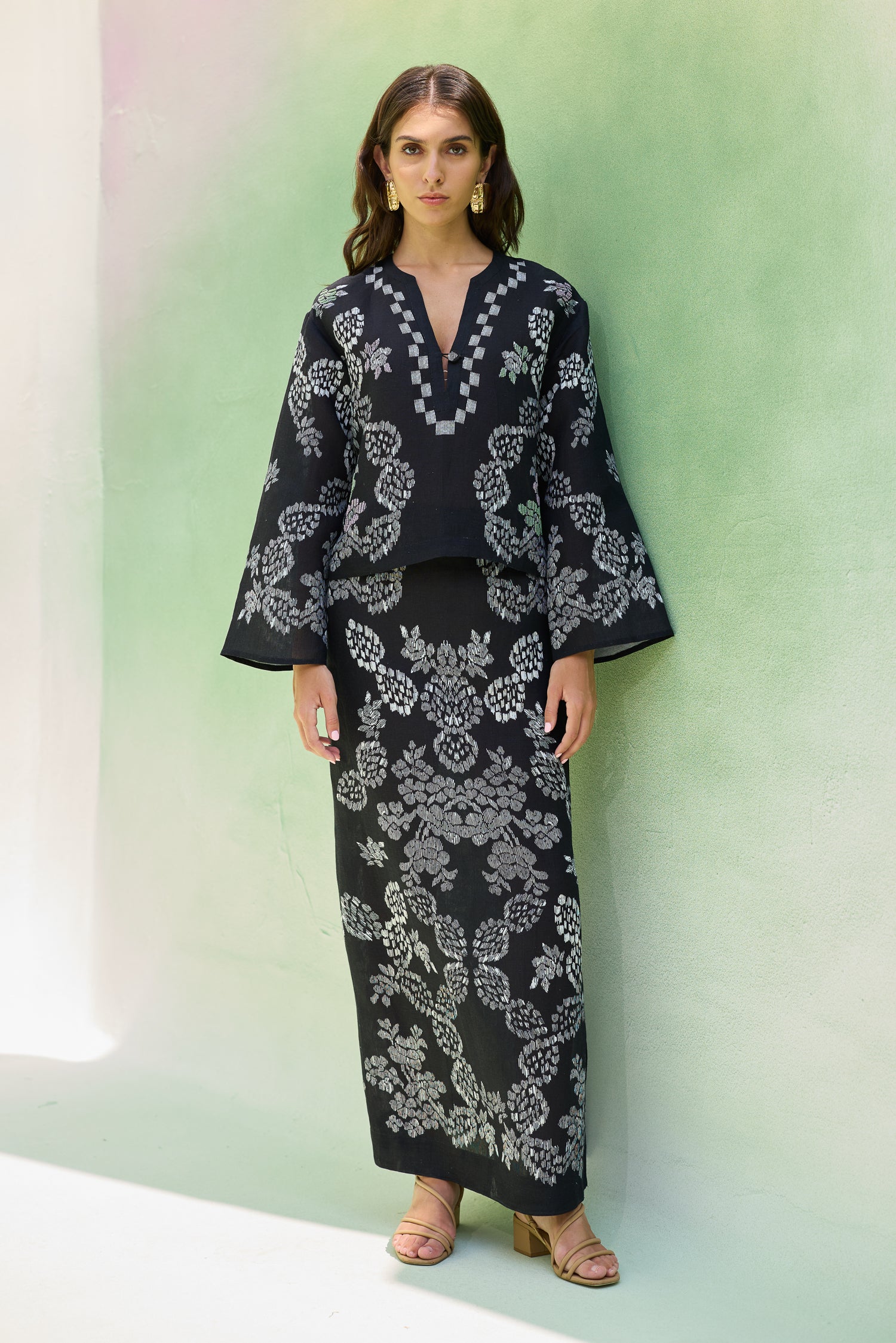 Black Floral Ikat Top and Skirt Set