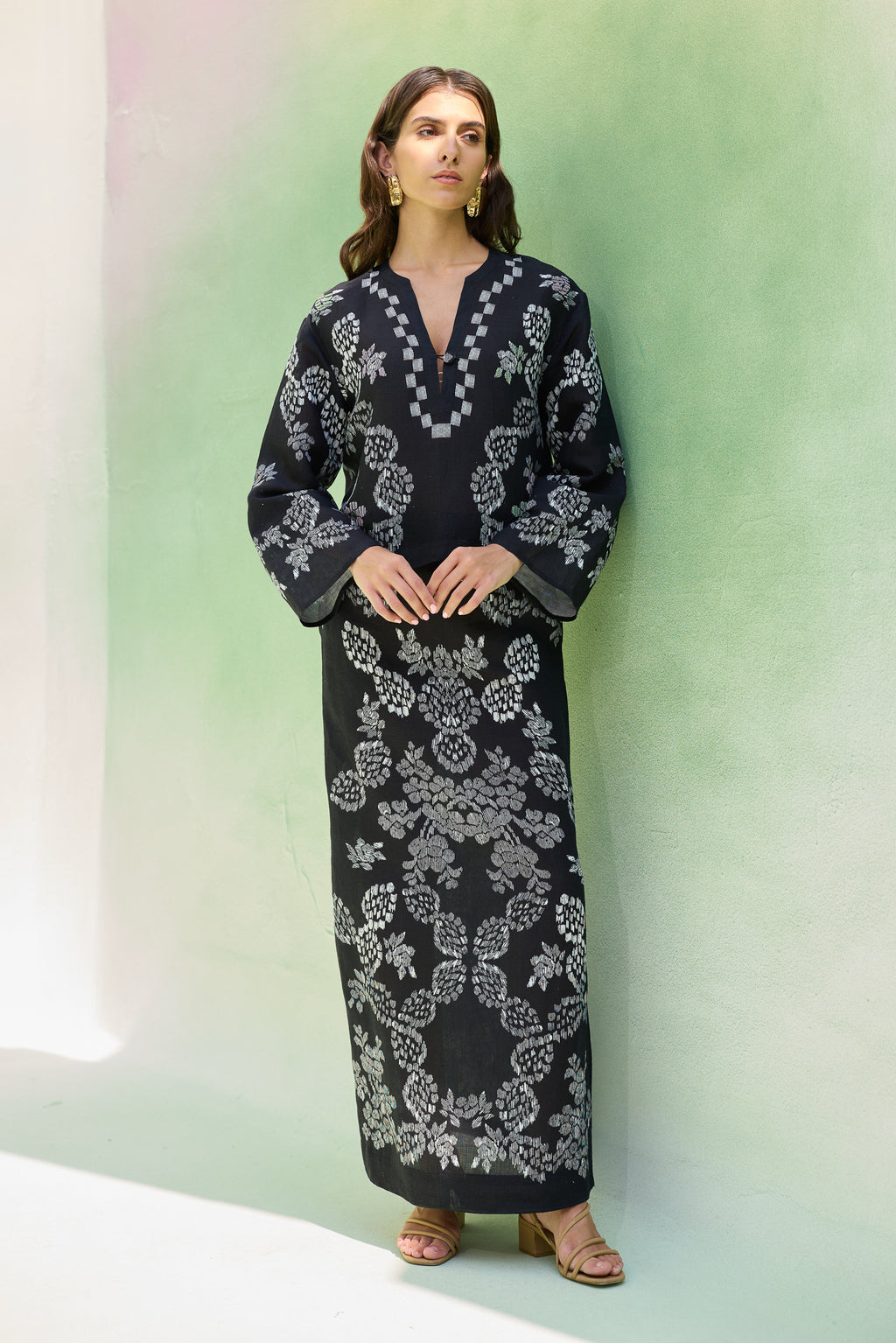 Black Floral Ikat Top and Skirt Set