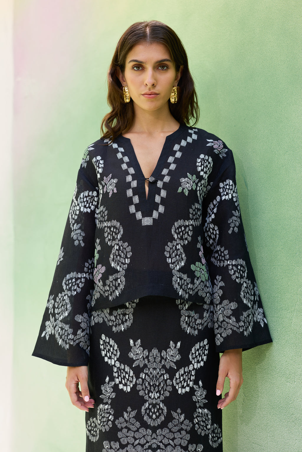 Black Floral Ikat Top and Skirt Set