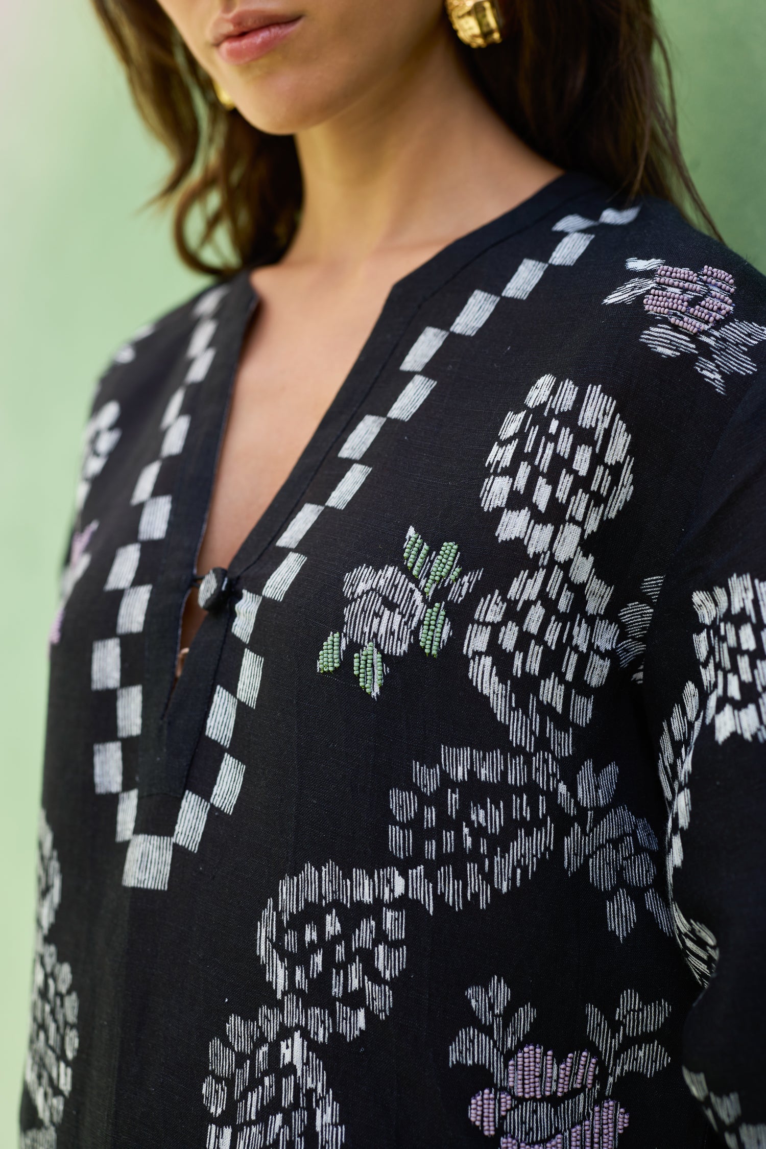 Black Ikat Floral Top and Skirt Set