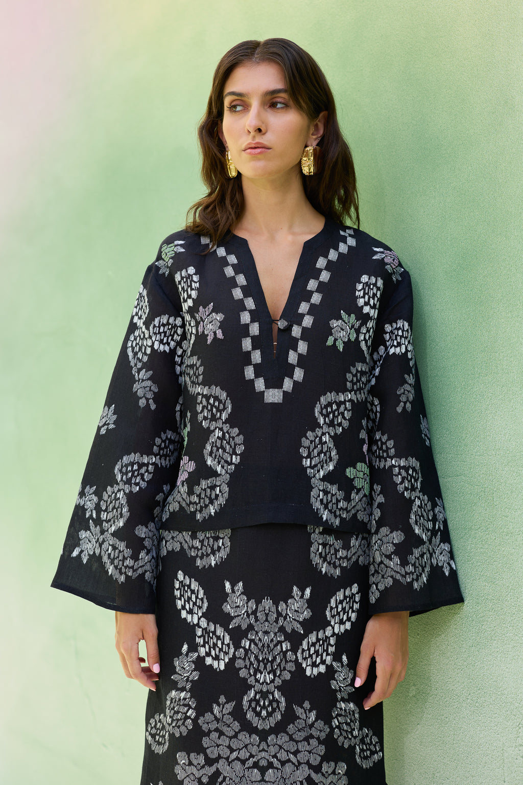 Black Floral Ikat Top and Skirt Set