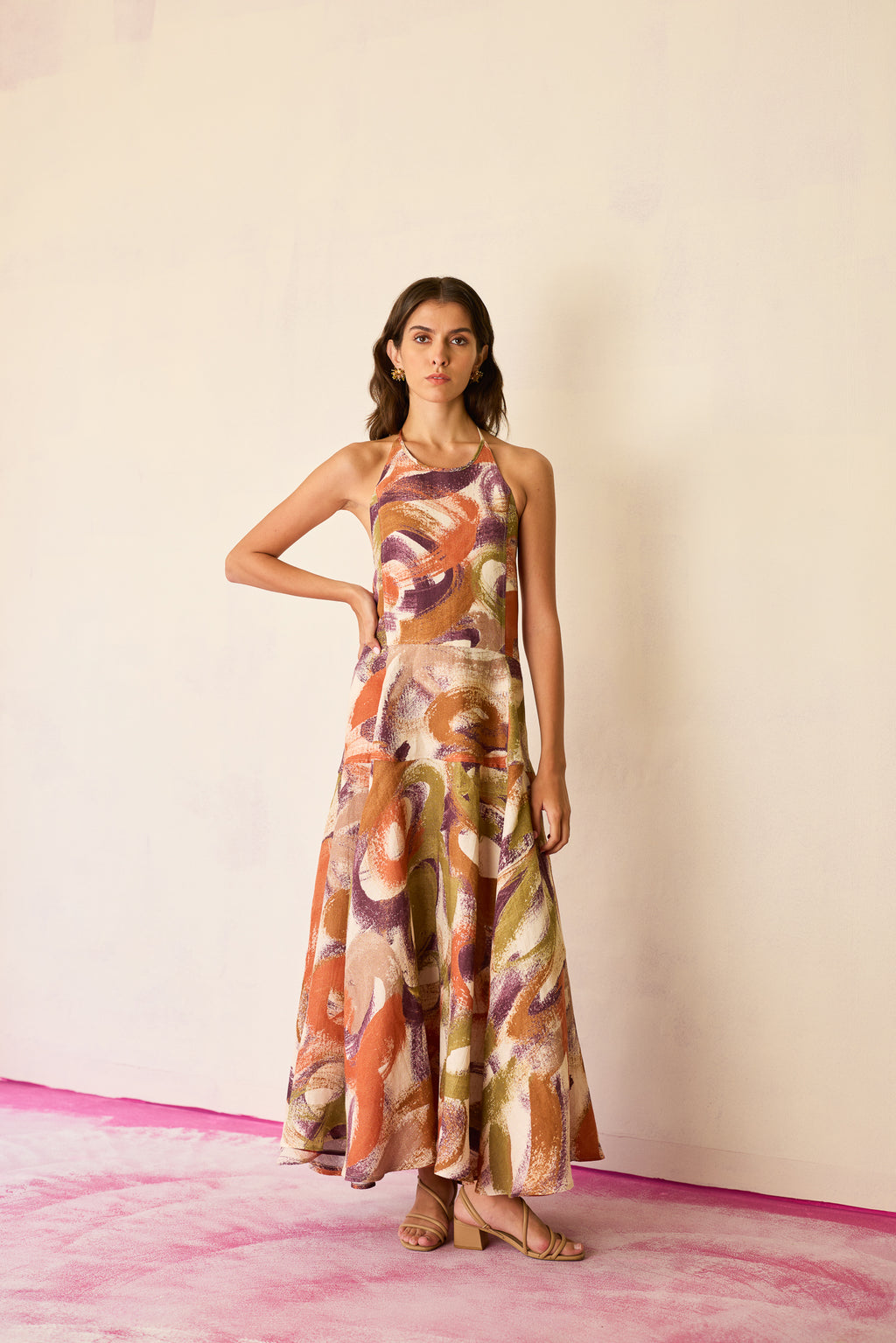 Brushstroke Halter Neck Maxi Dress