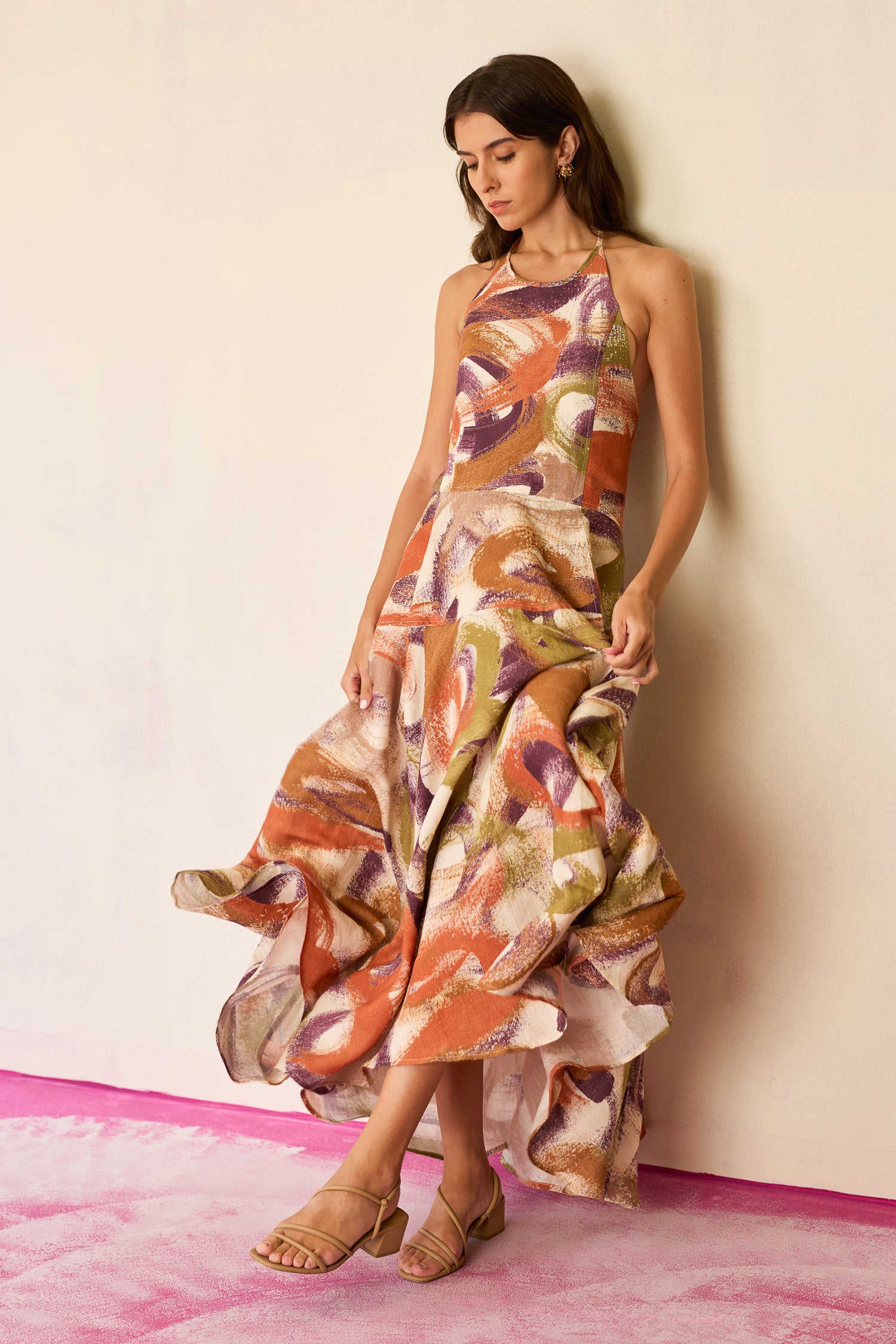 Brushstroke Halter Neck Maxi Dress