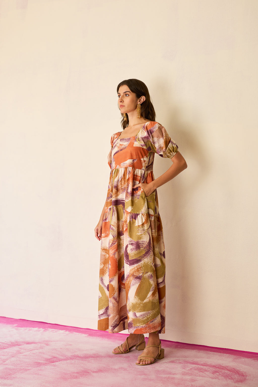 Brushstroke Smocked Maxi Dress