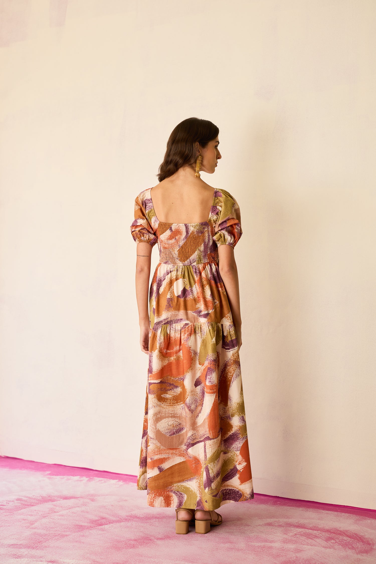 Brushstroke Smocked Maxi Dress