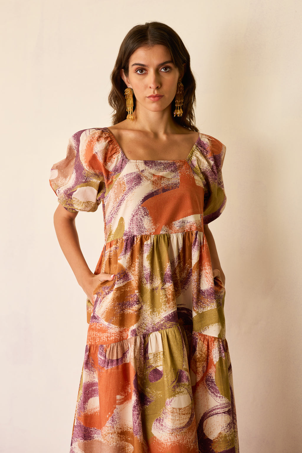Brushstroke Smocked Maxi Dress