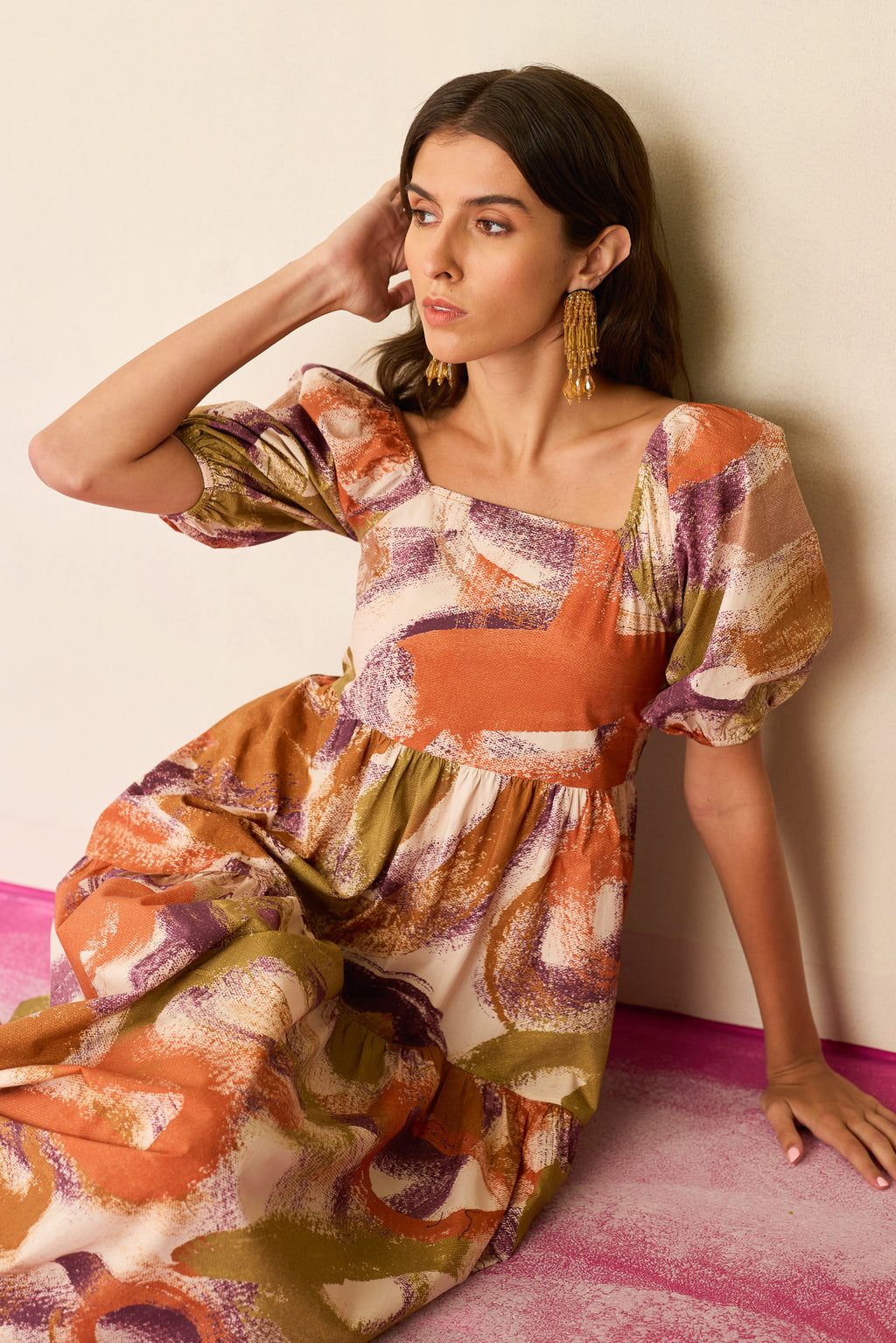 Brushstroke Smocked Maxi Dress