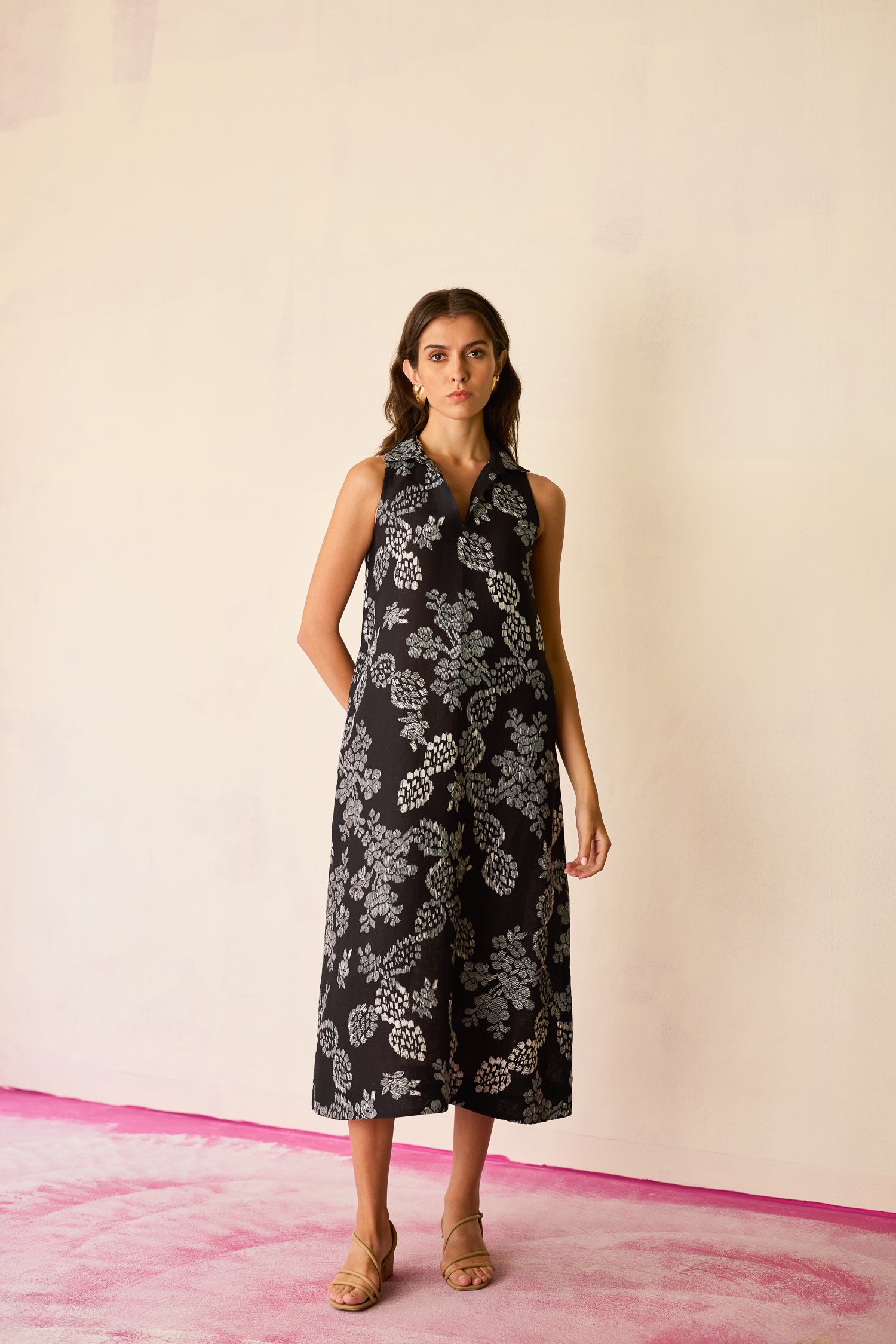 Black Floral Ikat Sleeveless Midi Dress