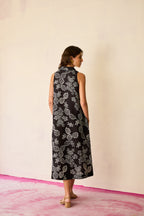 Black Floral Ikat Sleeveless Midi Dress