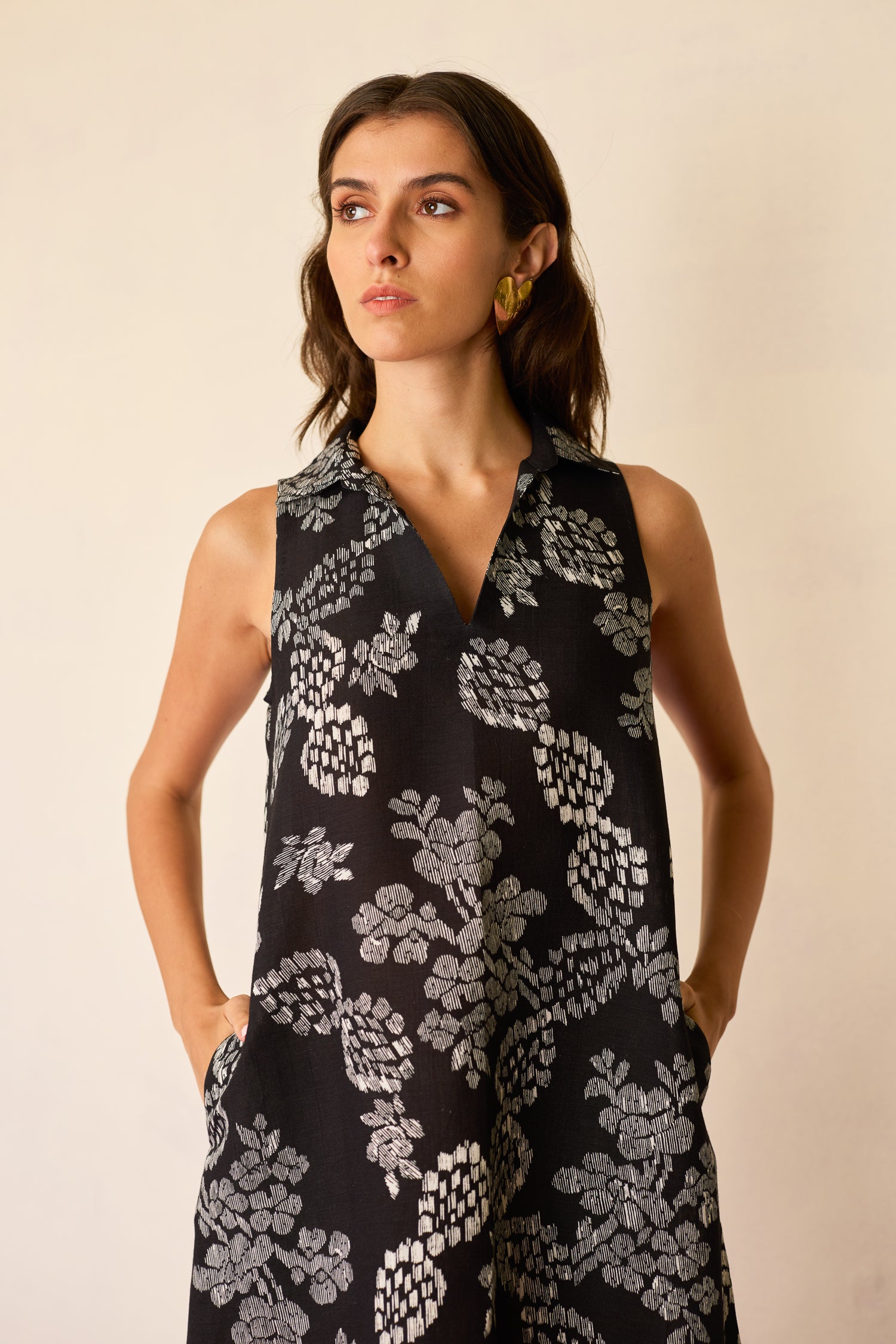 Black Floral Ikat Sleeveless Midi Dress