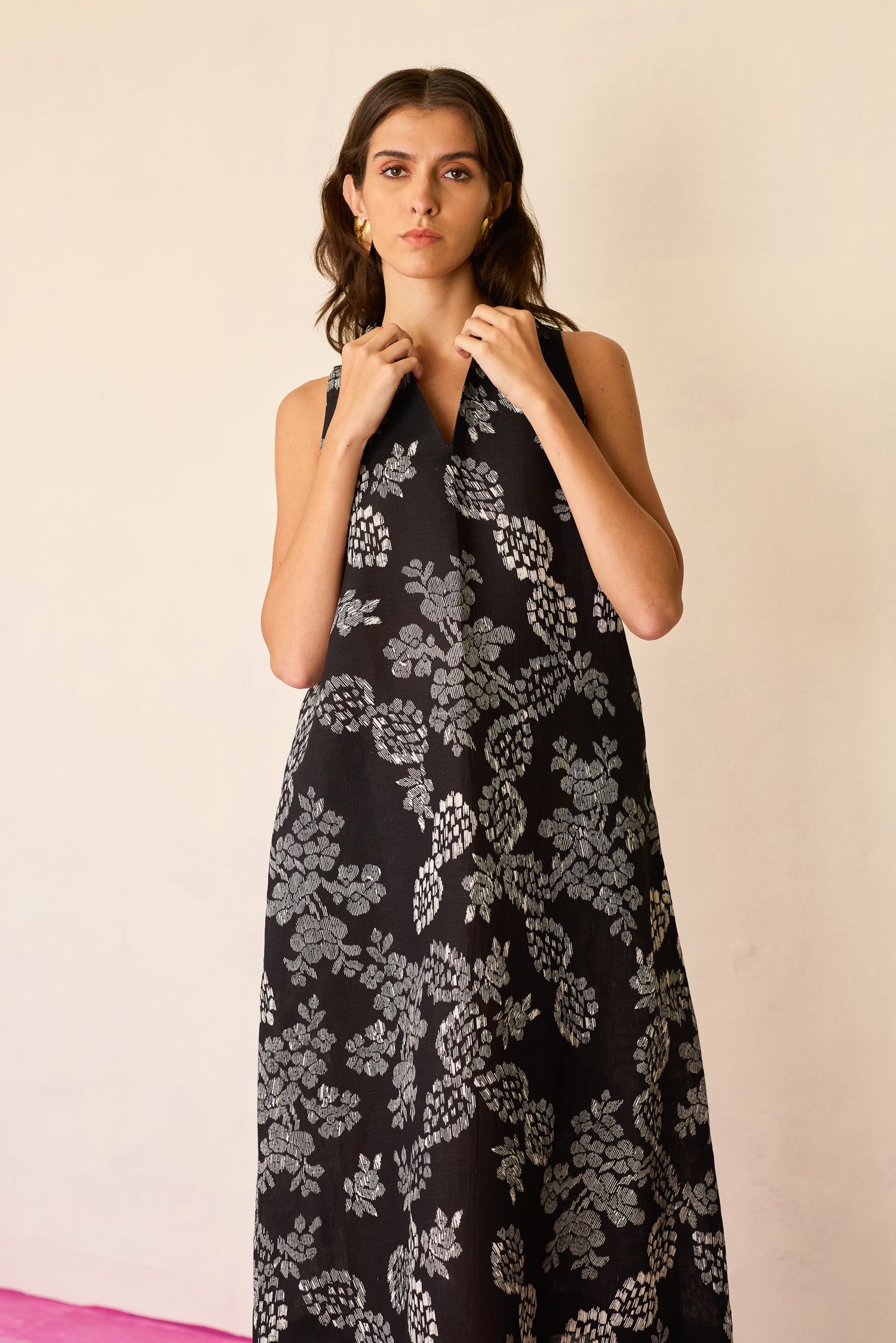 Black Floral Ikat Sleeveless Midi Dress