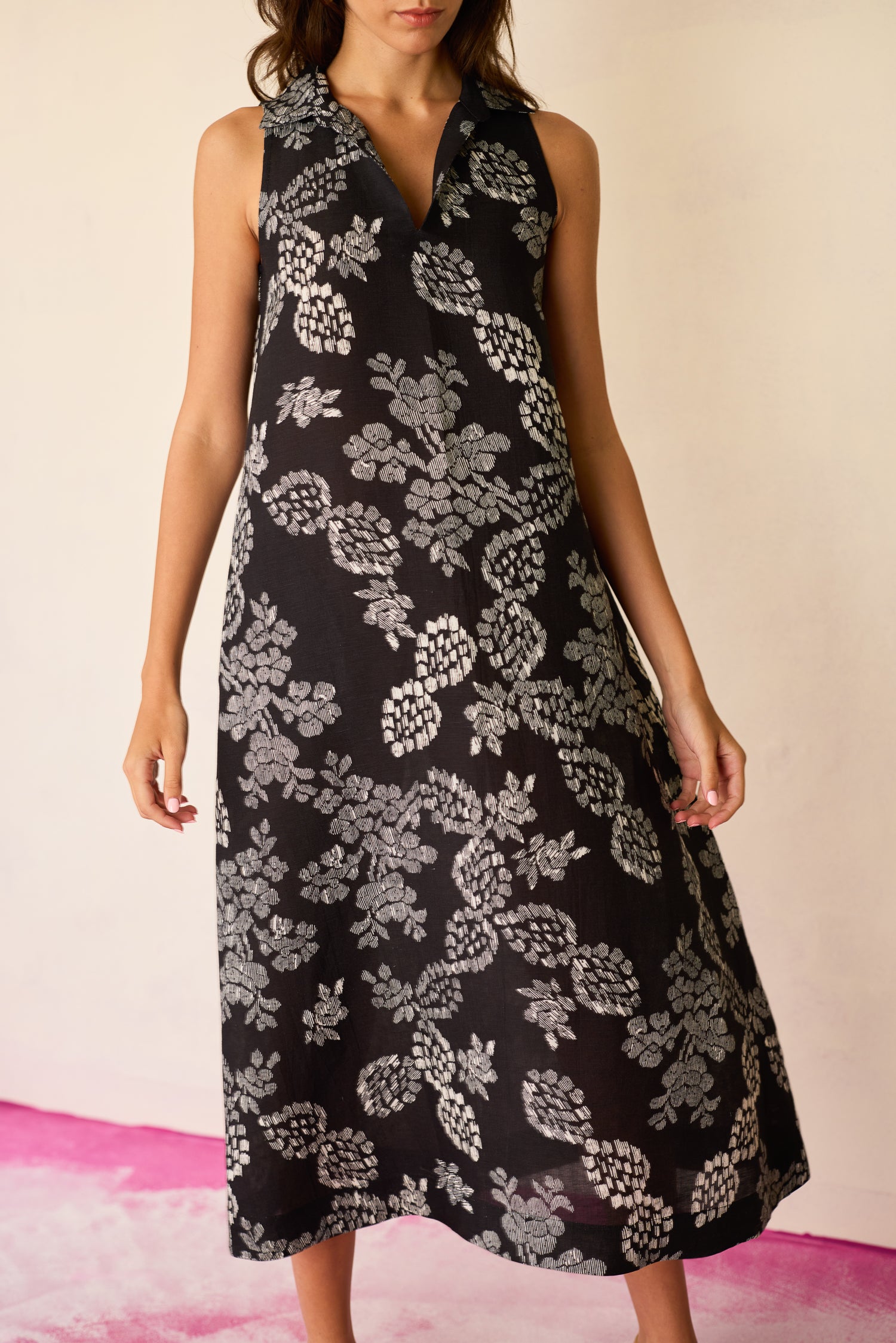 Black Floral Ikat Sleeveless Midi Dress