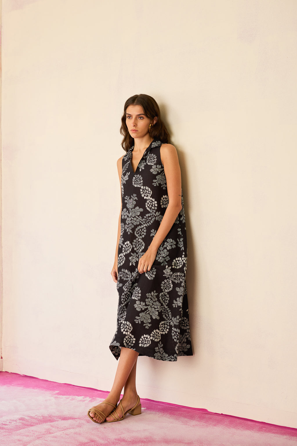Black Floral Ikat Sleeveless Midi Dress