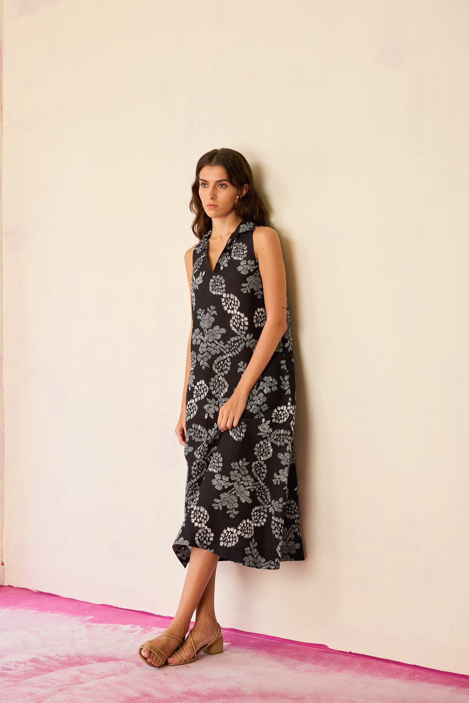 Black Floral Ikat Sleeveless Midi Dress