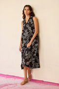 Black Floral Ikat Sleeveless Midi Dress