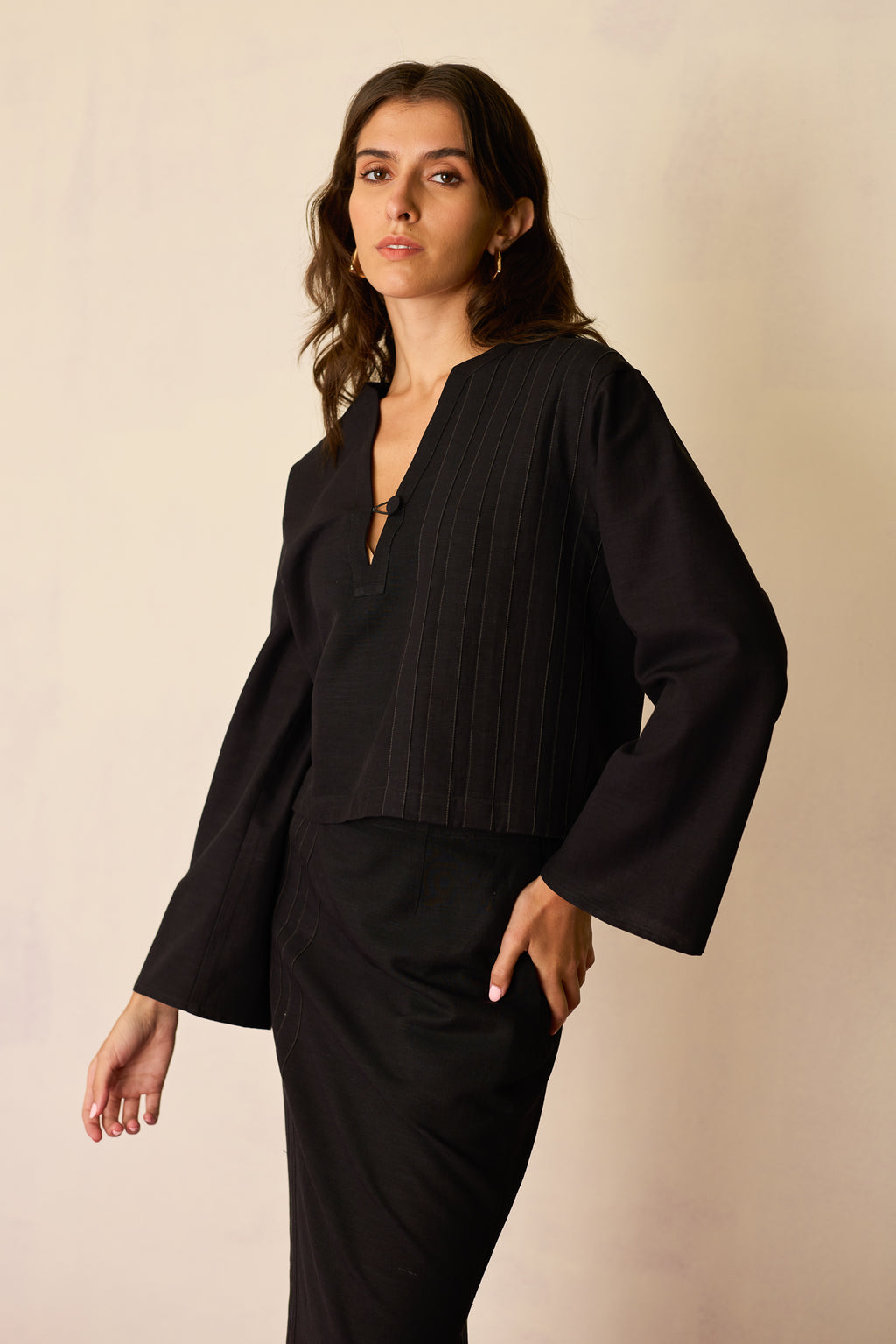 Black Solid Top And Straight Skirt