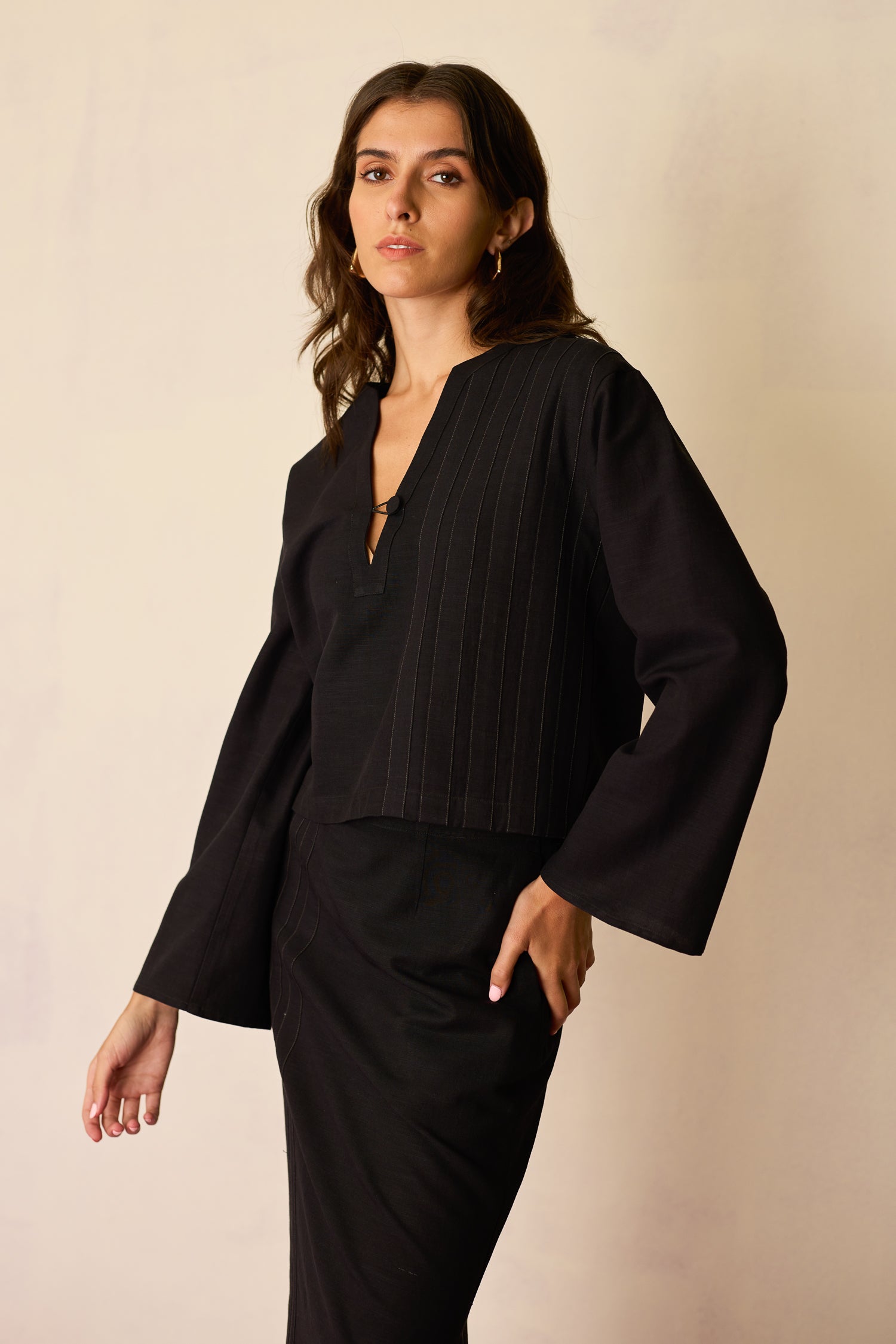 Black Solid Top And Straight Skirt