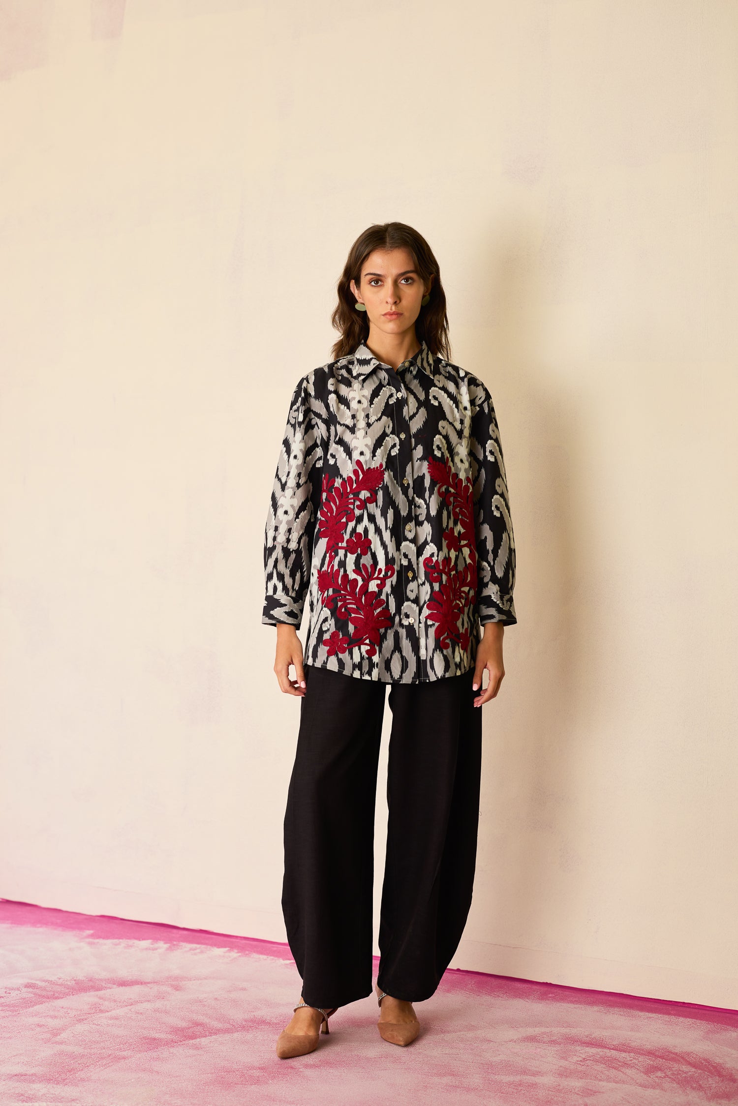 Black Ikat Cord Embroidered Shirt