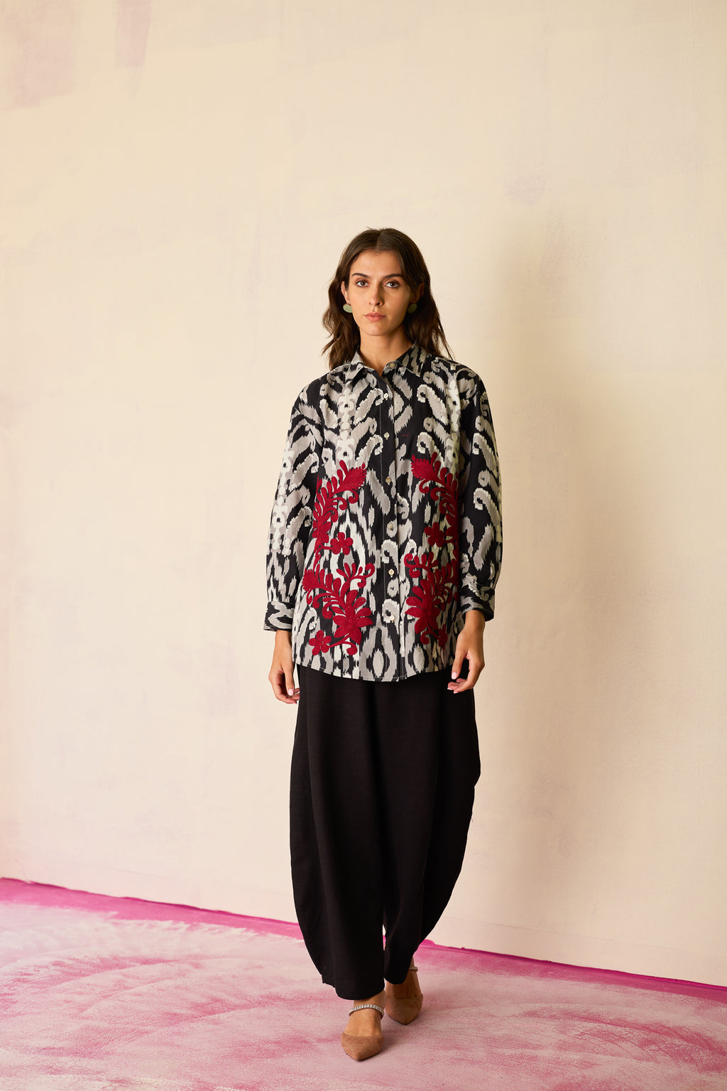 Black Ikat Cord Embroidered Shirt