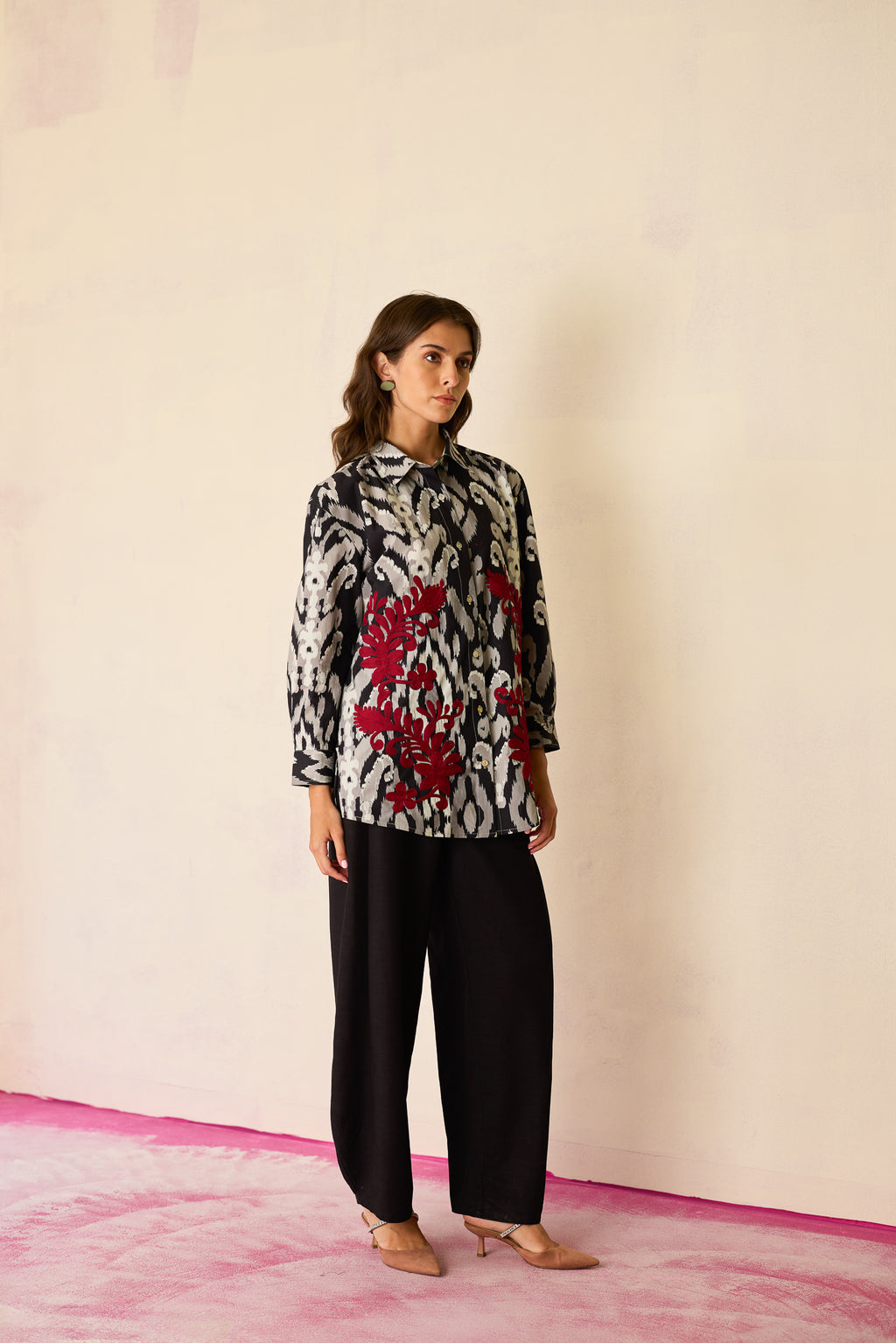 Black Ikat Cord Embroidered Shirt