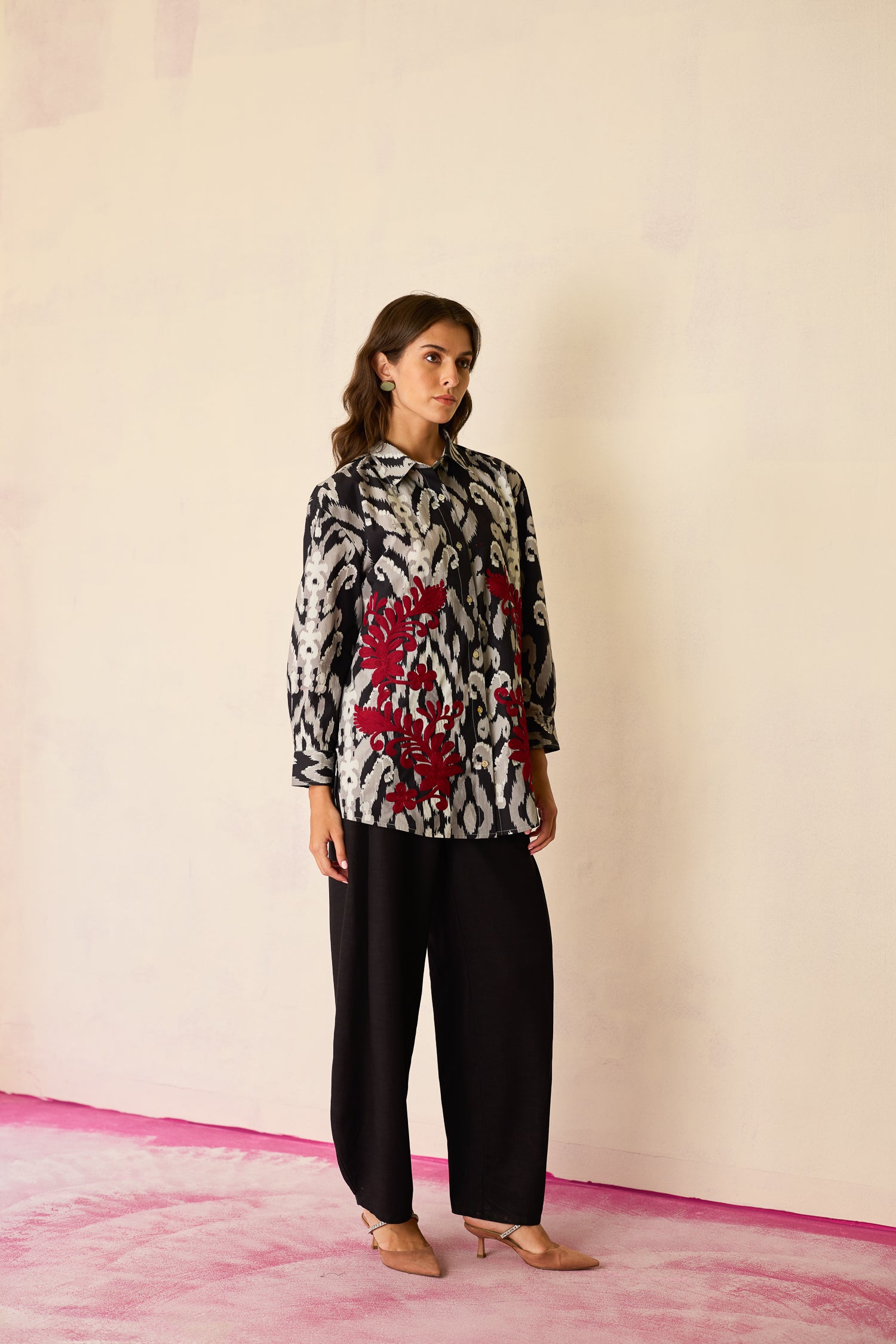 Black Ikat Cord Embroidered Shirt