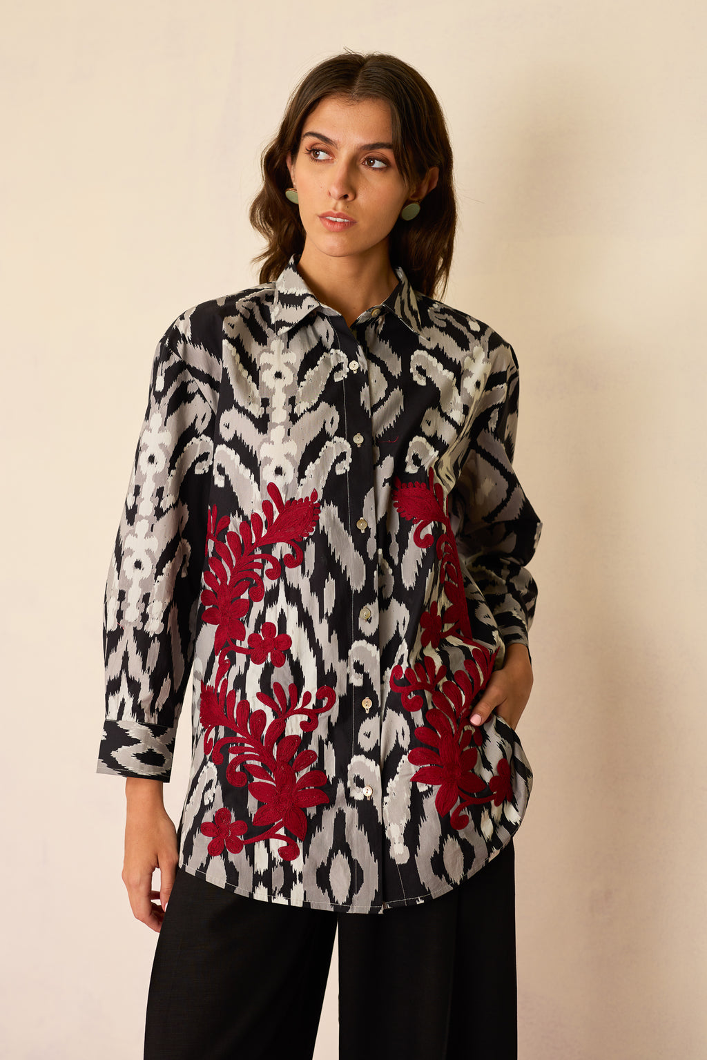 Black Ikat Cord Embroidered Shirt