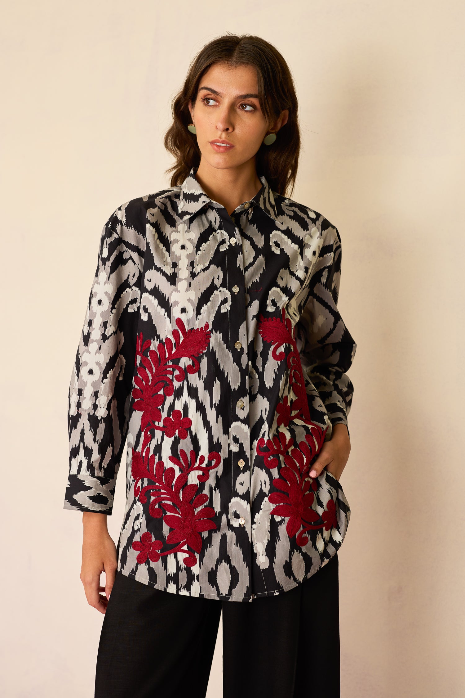 Black Ikat Cord Embroidered Shirt