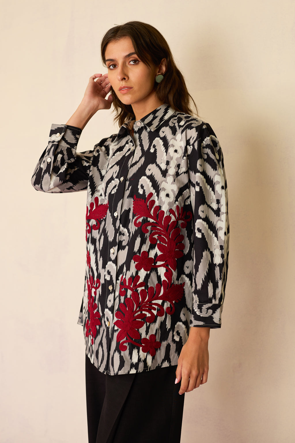 Black Ikat Cord Embroidered Shirt