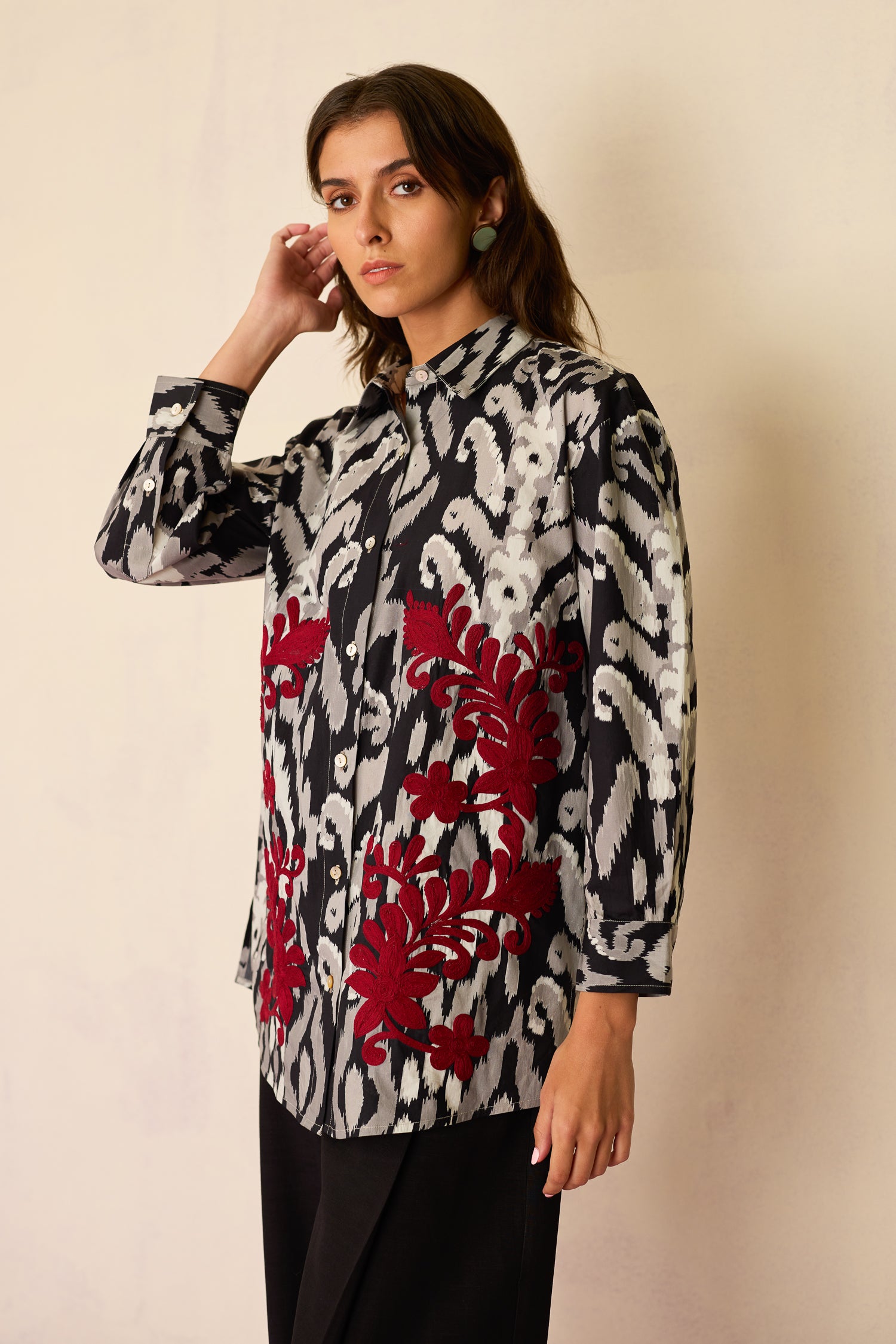 Black Ikat Cord Embroidered Shirt