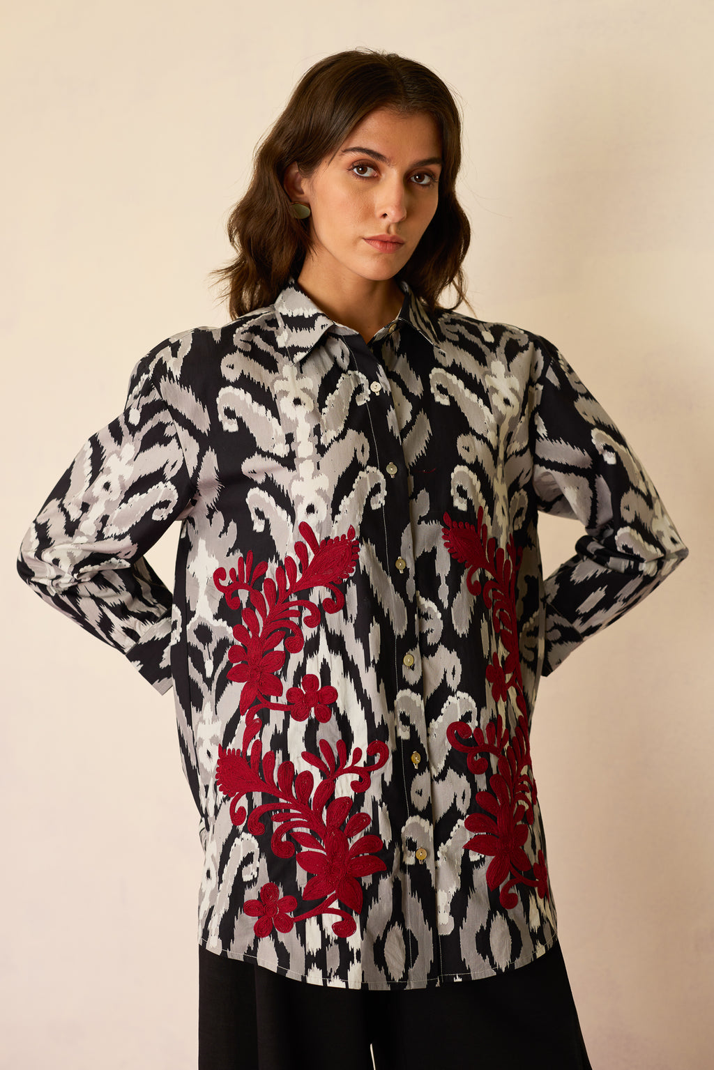 Black Ikat Cord Embroidered Shirt