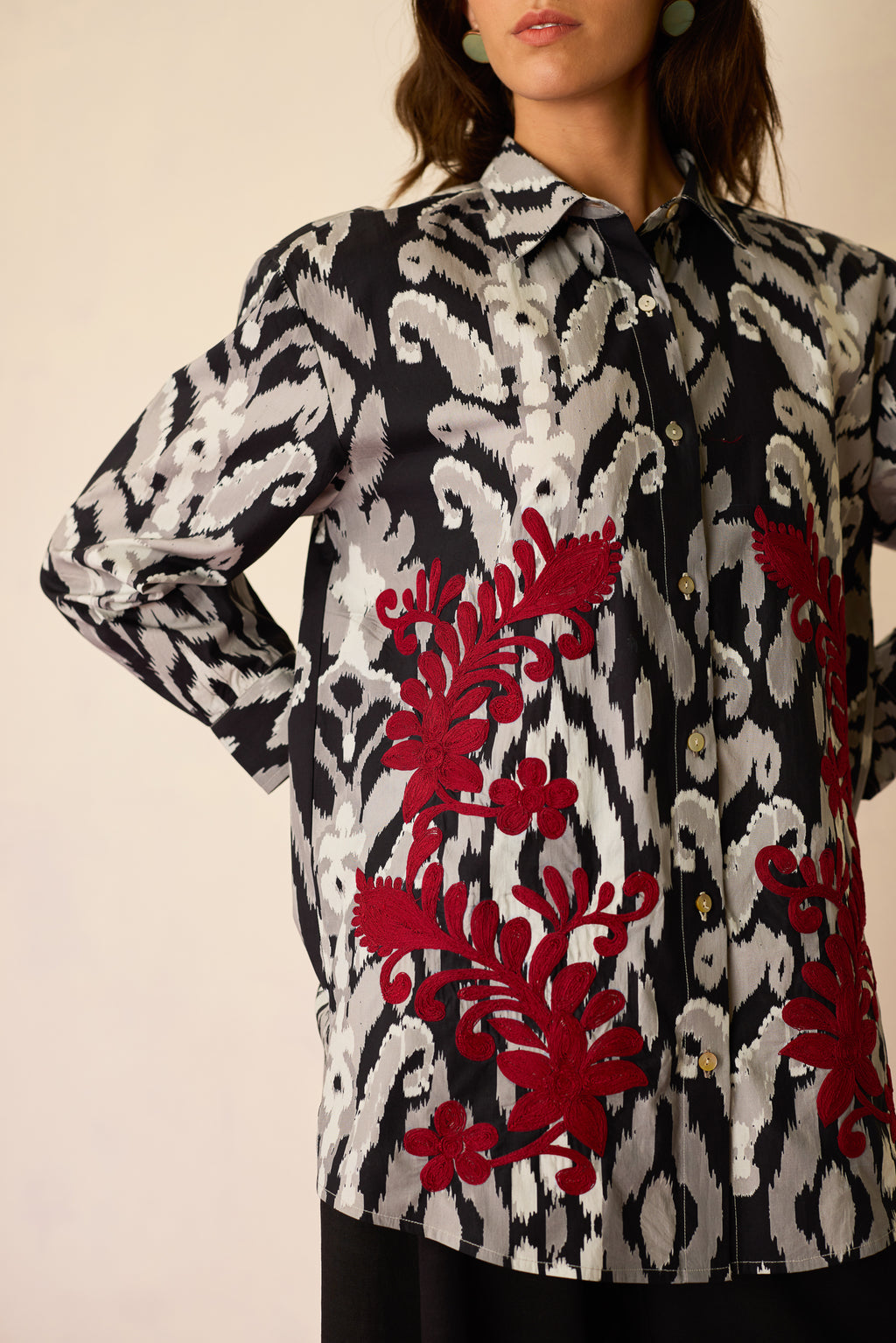 Black Ikat Cord Embroidered Shirt
