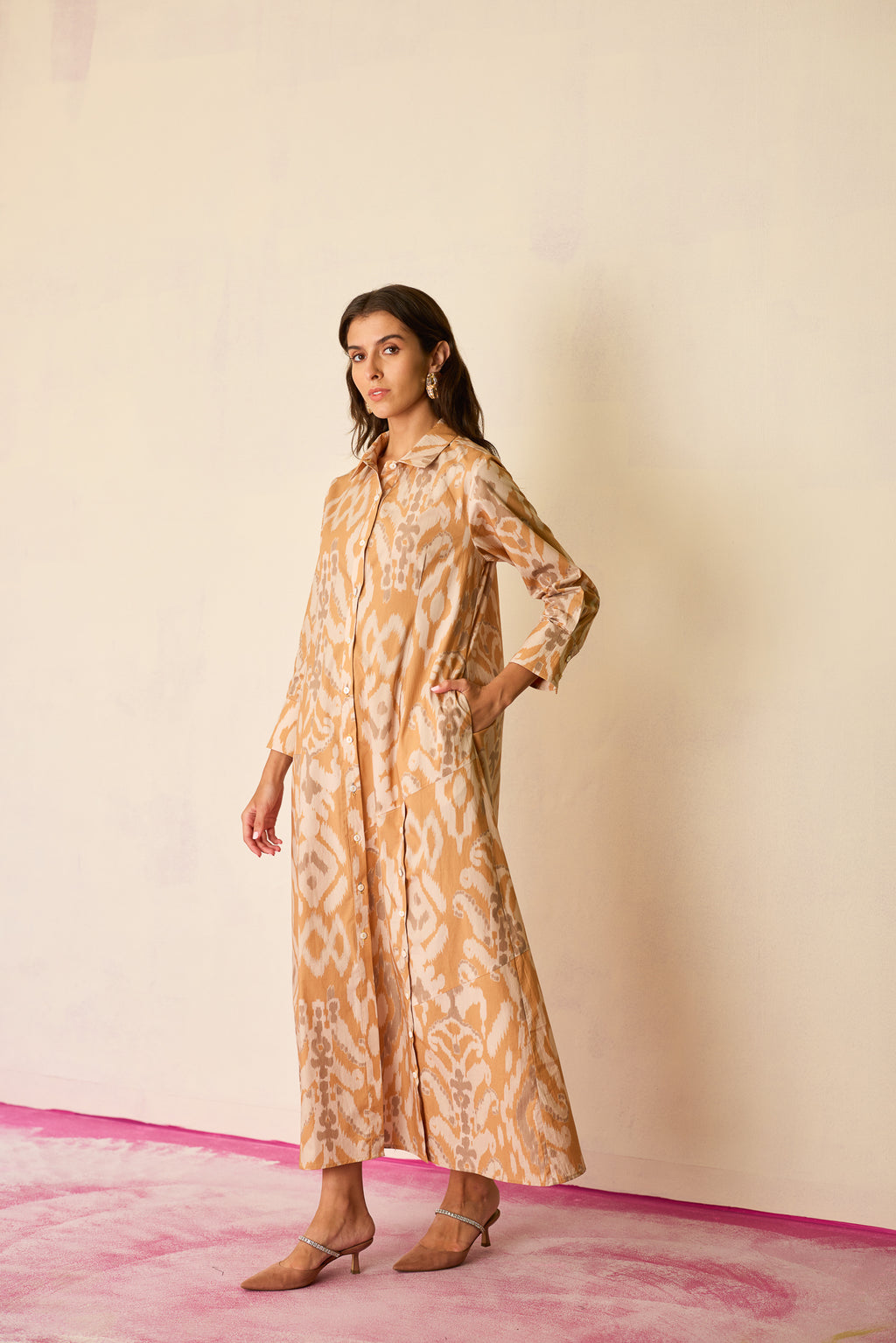 Sand Ikat Collared Shirt Dress