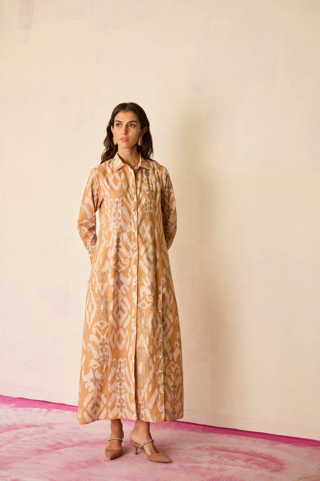 Sand Ikat Collared Shirt Dress