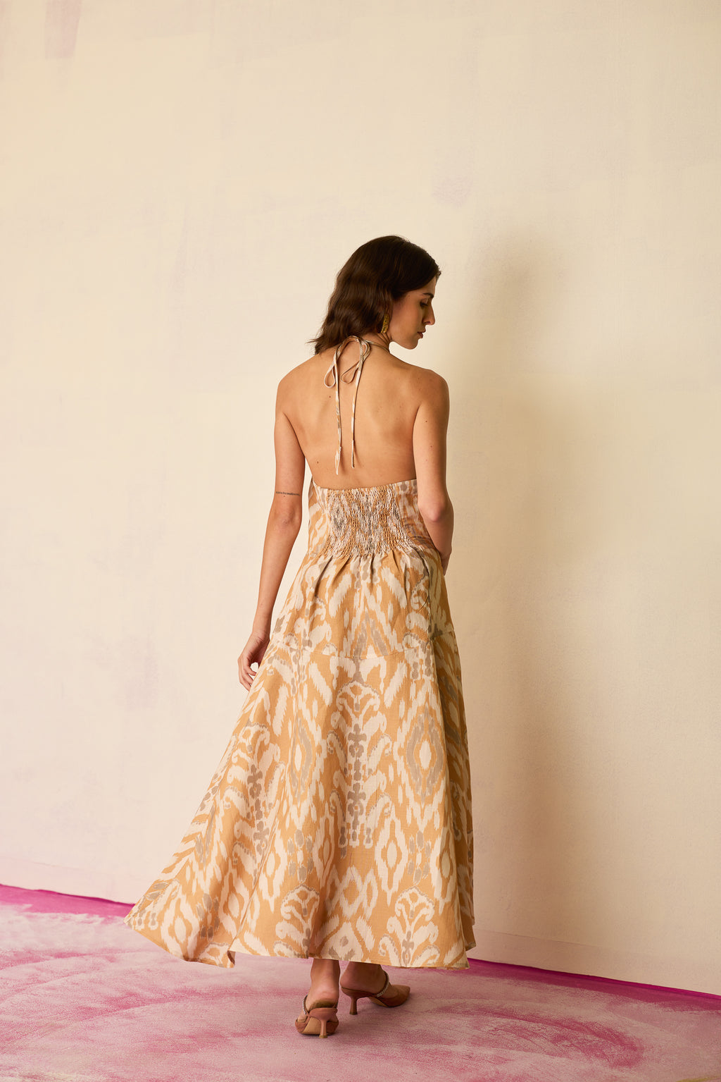 Sand Ikat Halter Neck Maxi Dress