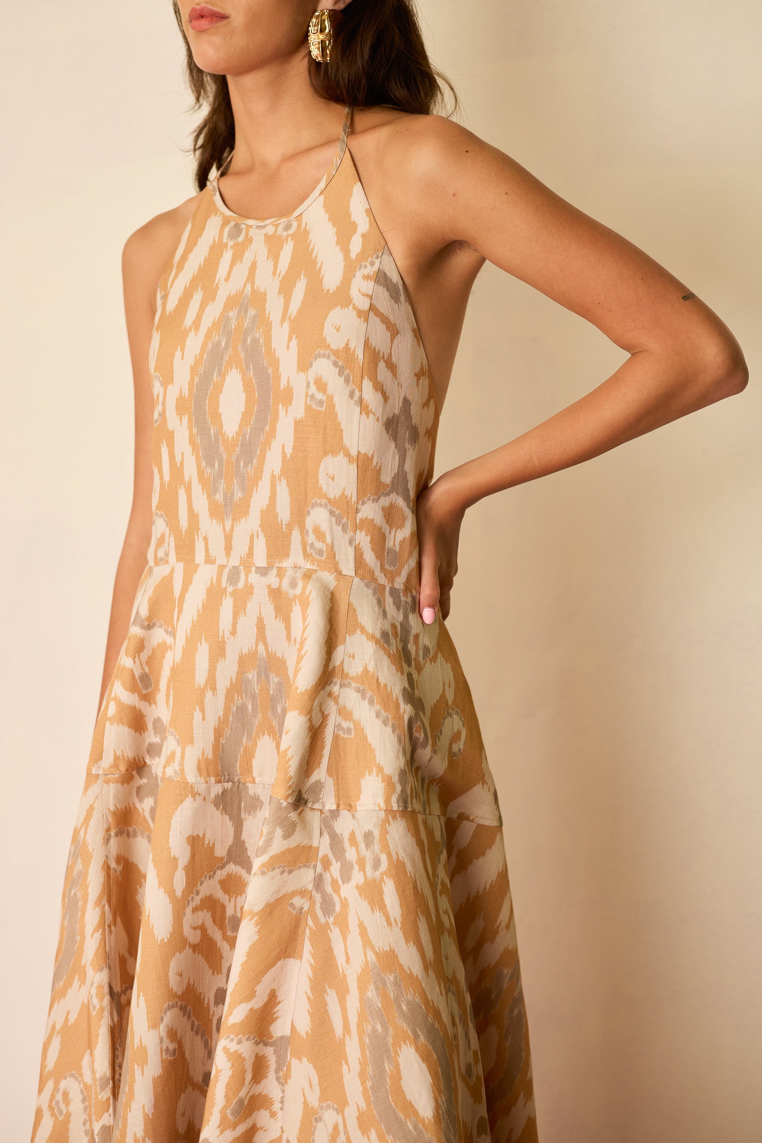 Sand Ikat Halter Neck Maxi Dress