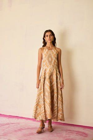 Sand Ikat Halter Neck Maxi Dress