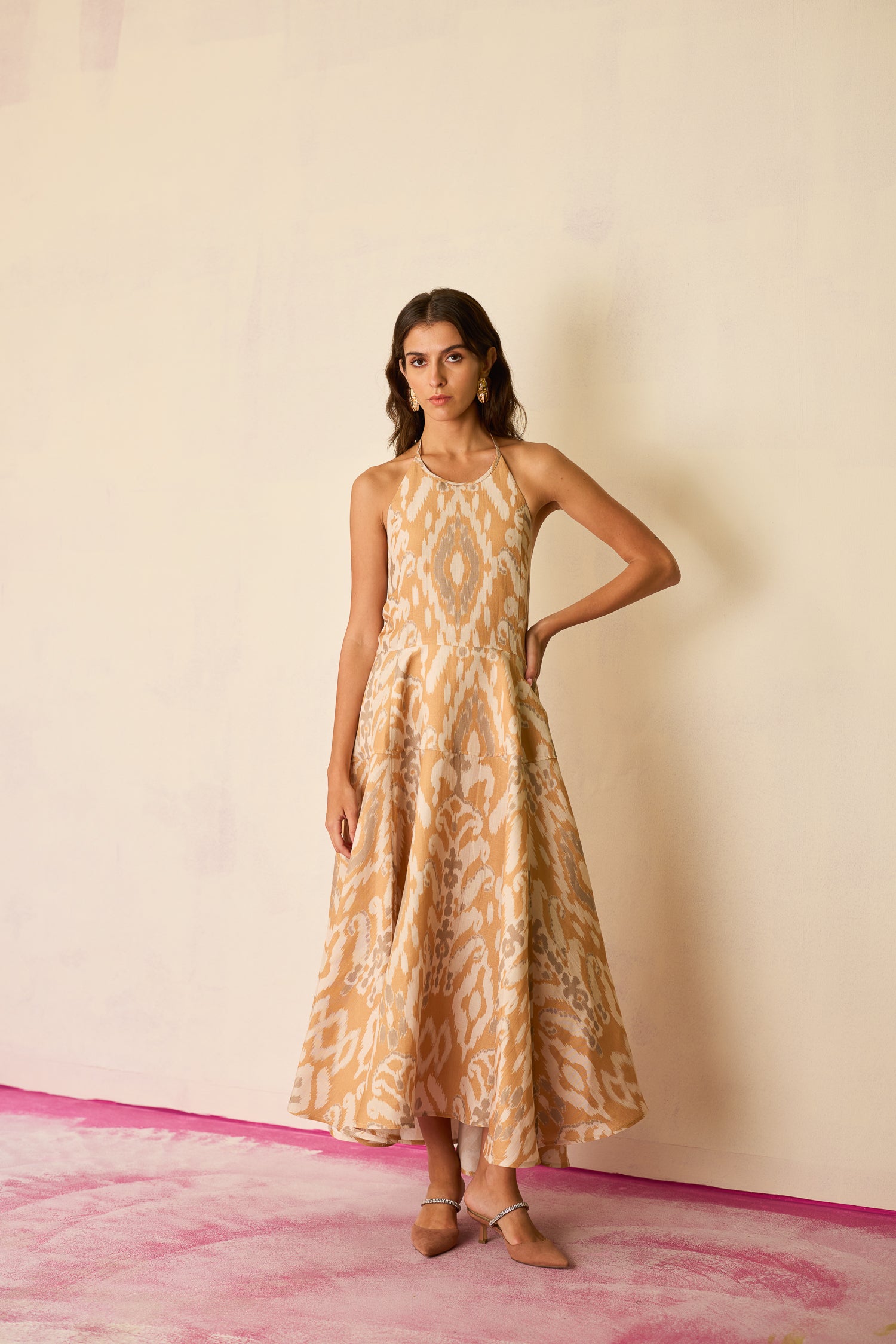 Sand Ikat Halter Neck Maxi Dress