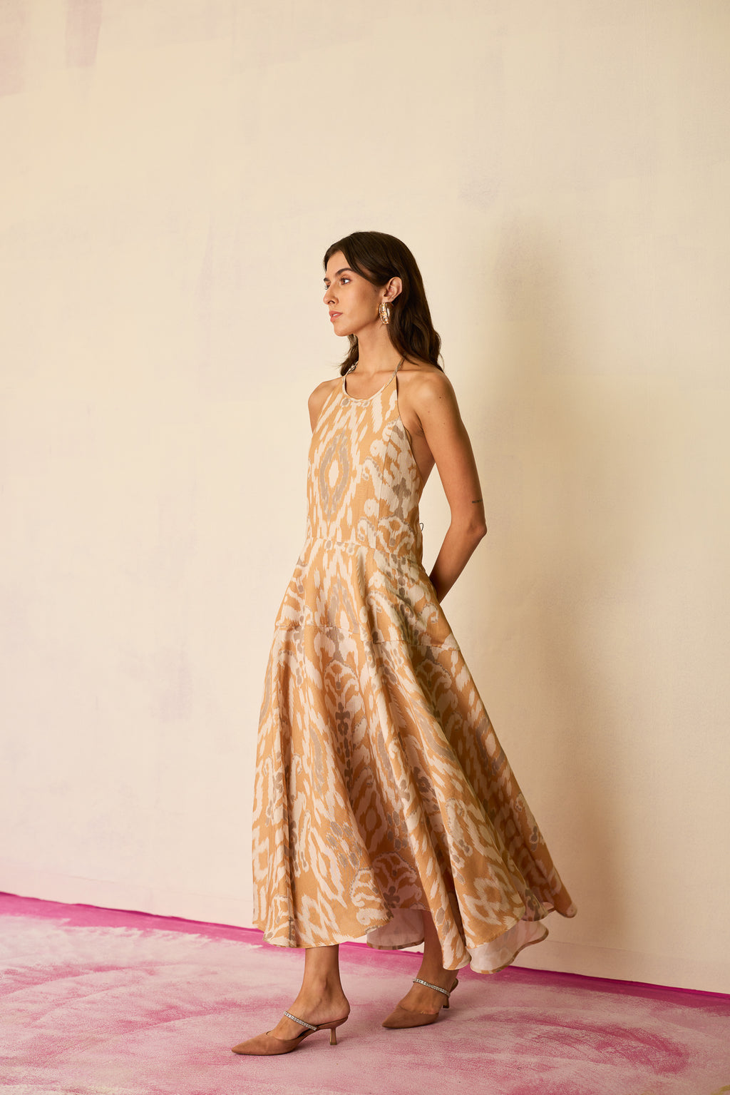 Sand Ikat Halter Neck Maxi Dress